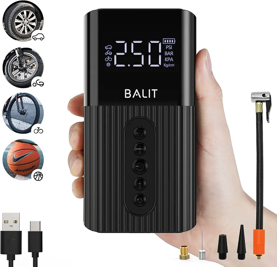 Portable Tire Inflator Air Compressor, 6000mAh TYPE-C Rechargeable Mini Electric Air Pump with Pressure Gauge, LCD Display, LED Flashlight, Auto Shut Off for Car Tires, Motorcycle, Bike, Balls
