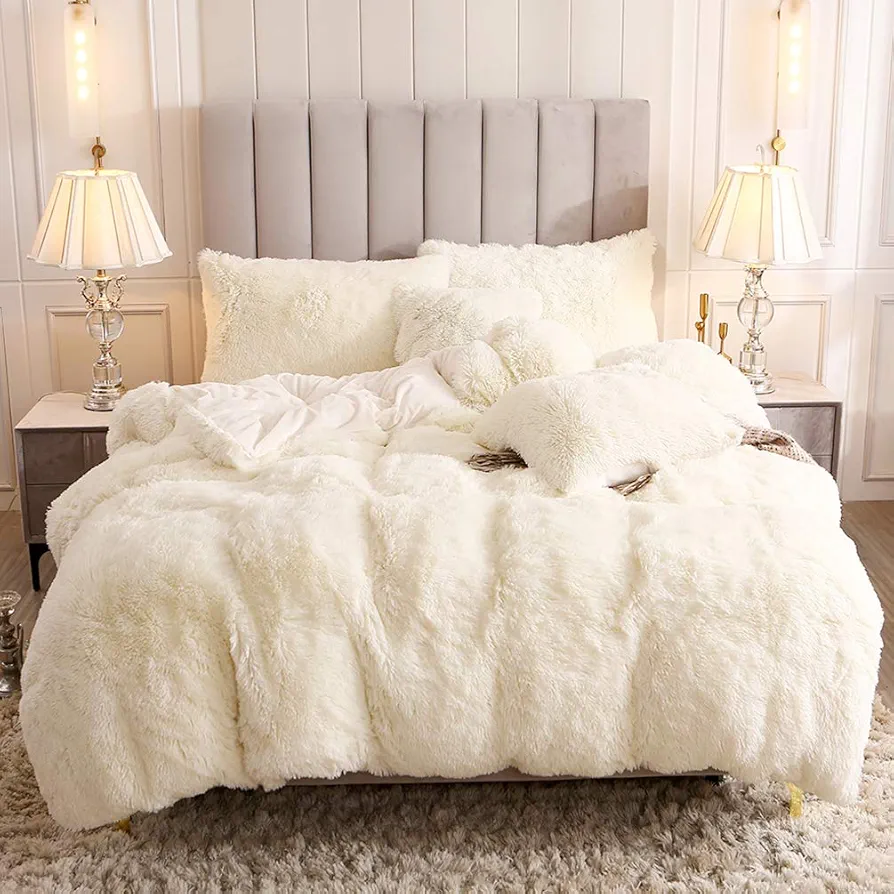Uhamho Faux Fur Velvet Fluffy Bedding Duvet Cover Set Down Comforter Quilt Cover with Pillow Shams, Ultra Soft Warm (Queen, Cream)