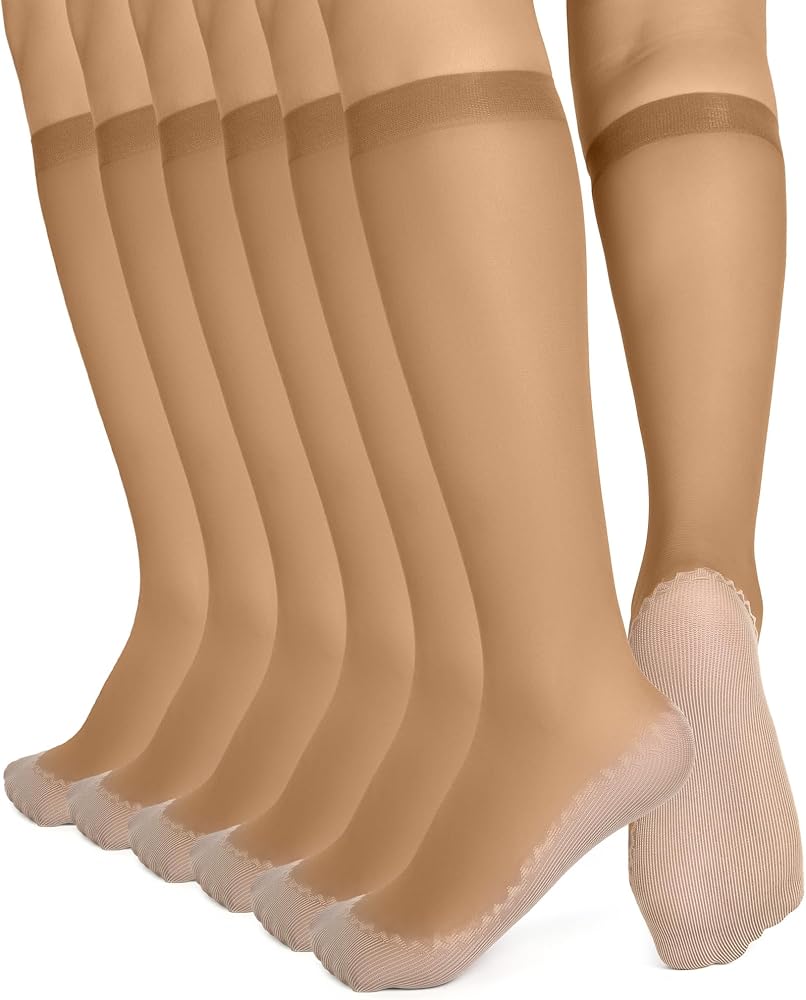 6 Pairs Women's Knee High Sheer Socks Silky Anti Slip Cotton Sole Socks Reinforced Toe Stockings for Women
