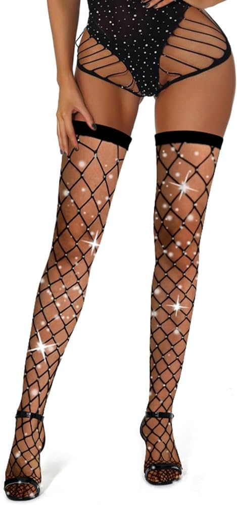 Violet Mist Women's Sexy Sparkly Thigh High Stockings Glitter Rhinestone Neon Fishnets Jeweled Fishnet Tights Party Pantyhose