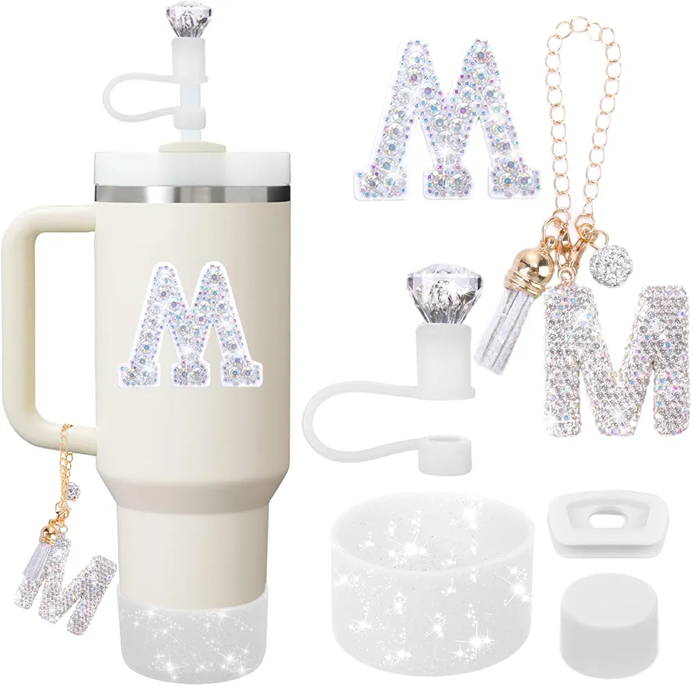 Mity rain Accessories Set for Stanley Cup, Initials Decorations for Tumbler Cup 30/40OZ, Including Diamond Straw Topper/Spill Proof Stopper/Sparkly Silicone Boot Set/Letter Charms for Handle A-Z (M)