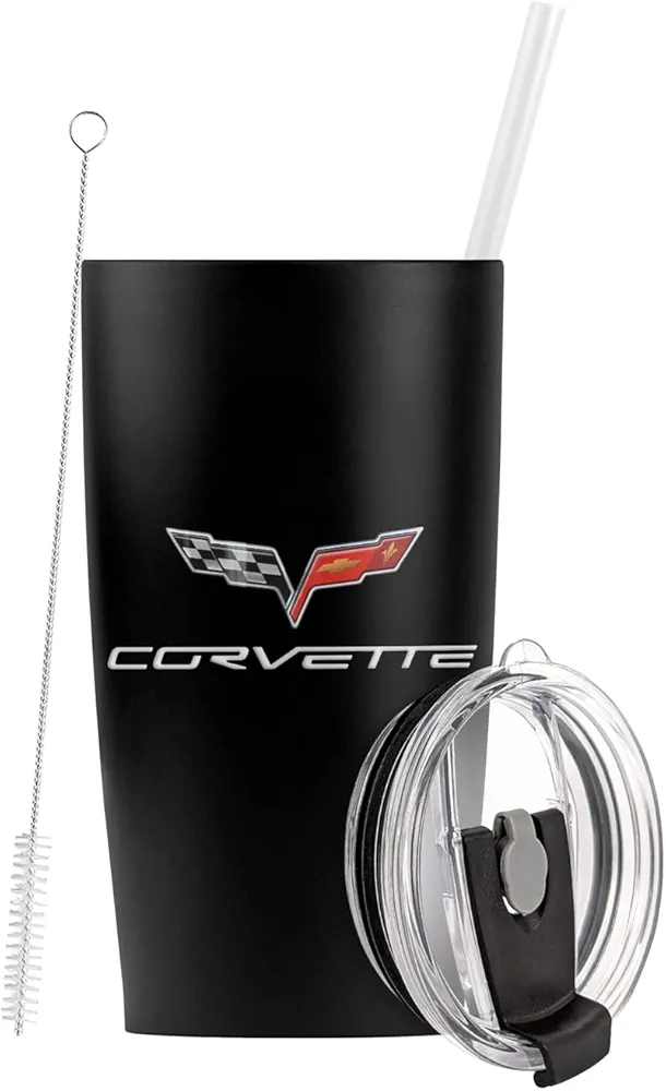 Logovision Chevy OFFICIAL 2005 Corvette Emblem With Text Stainless Steel Tumbler with Straw and Flip Lid 20 oz Travel Mug/Cup, Vacuum Insulated & Double Wall with Leakproof Dual Lid