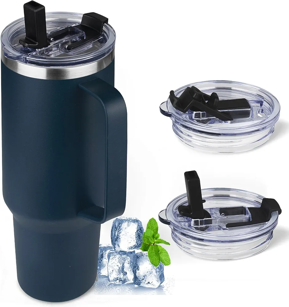 40 oz Tumbler with Handle and Flip Straw, 100% Leakproof Insulated Tumbler with Lid and Straw, Stainless Steel Insulated Travel Coffee Mug, Insulated Coffee Thermal Cup for Cold and Hot (Deep Blue)