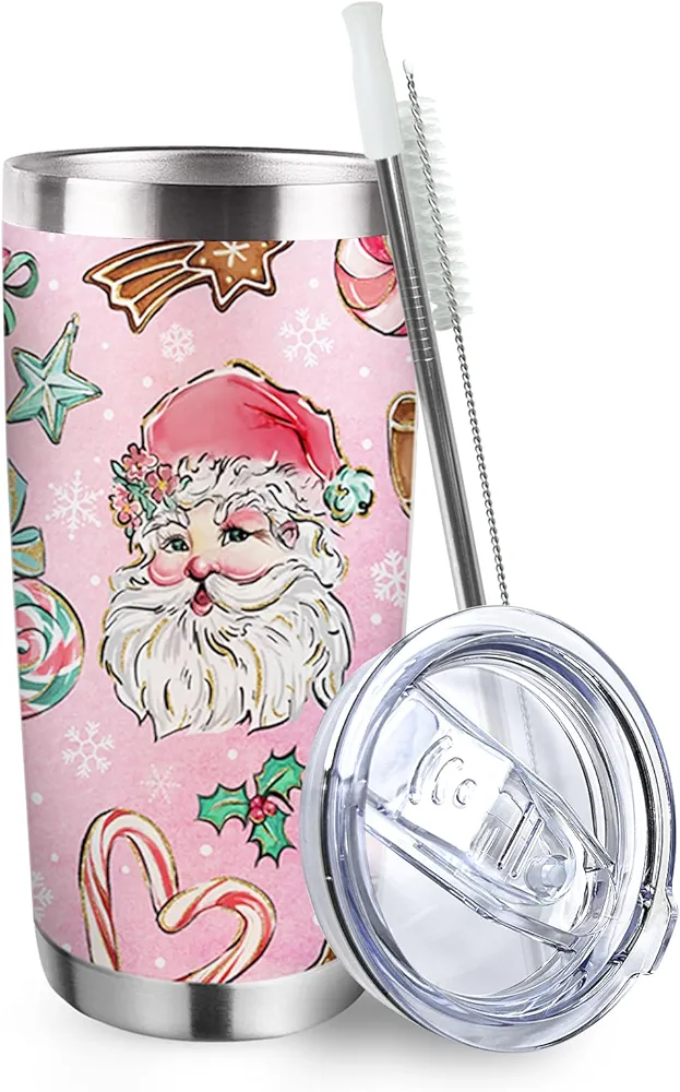 Pink Christmas Santa Tumbler with Lid and Straw, Xmas Peppermint Candy Stainless Steel Travel Coffee Cup, Winter Christmas New Year Holiday Gifts, 20oz Double Wall Vacuum Insulated Mug