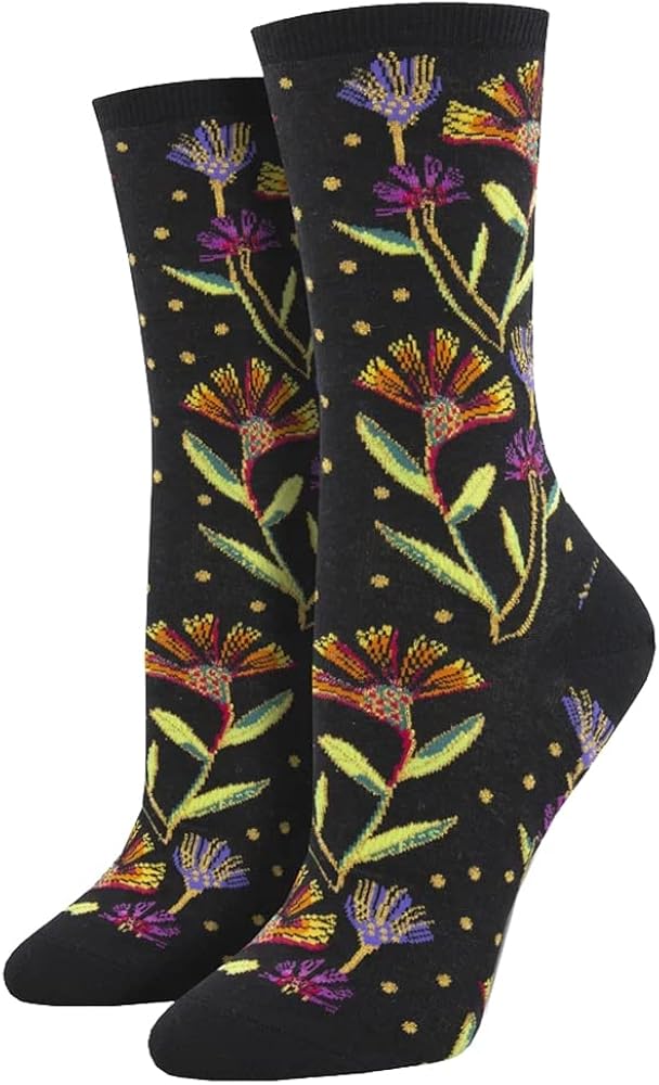 Women's Crew Socks Laurel Burch Wildflowers Black, One Pair, One Size Fits Most