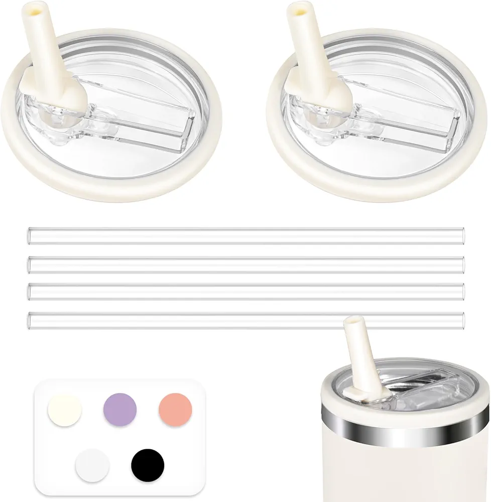 2-Pack 40oz Tumbler Replacement Flip Straw Lids with 4 Long Straws, Spill-Proof, Splash-Resistant, Reusable Covers for Large Travel Mugs, Compatible with Most 40oz Tumblers (White Beige)