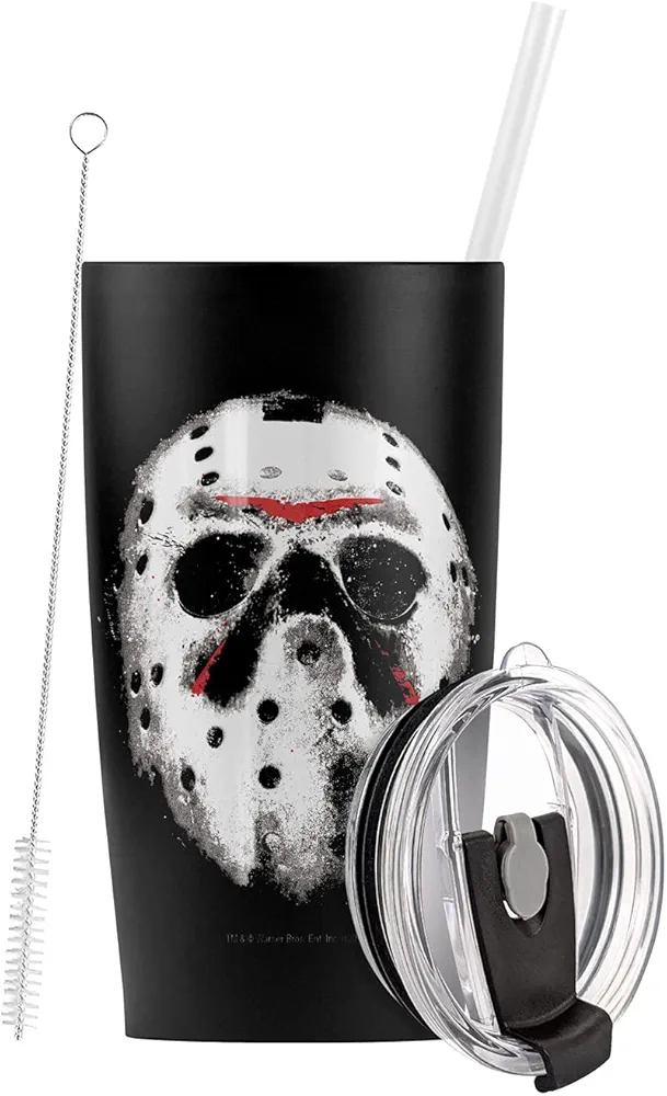 LOGOVISION Friday The 13th Jason Mask Stainless Steel Tumbler with Straw and Flip Lid 20 oz Vacuum Insulated & Double Wall with Leakproof Dual Lid | Great for Iced Coffee and Hot Beverages