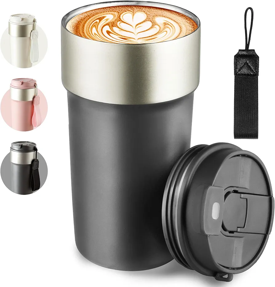 Puraville 16 oz Travel Coffee Mug Tumbler with Lid and Straw, Insulated Leak Proof Thermos with Flip lid, Stainless Steel Vacuum Cup for Hot and Cold Drinks, Black