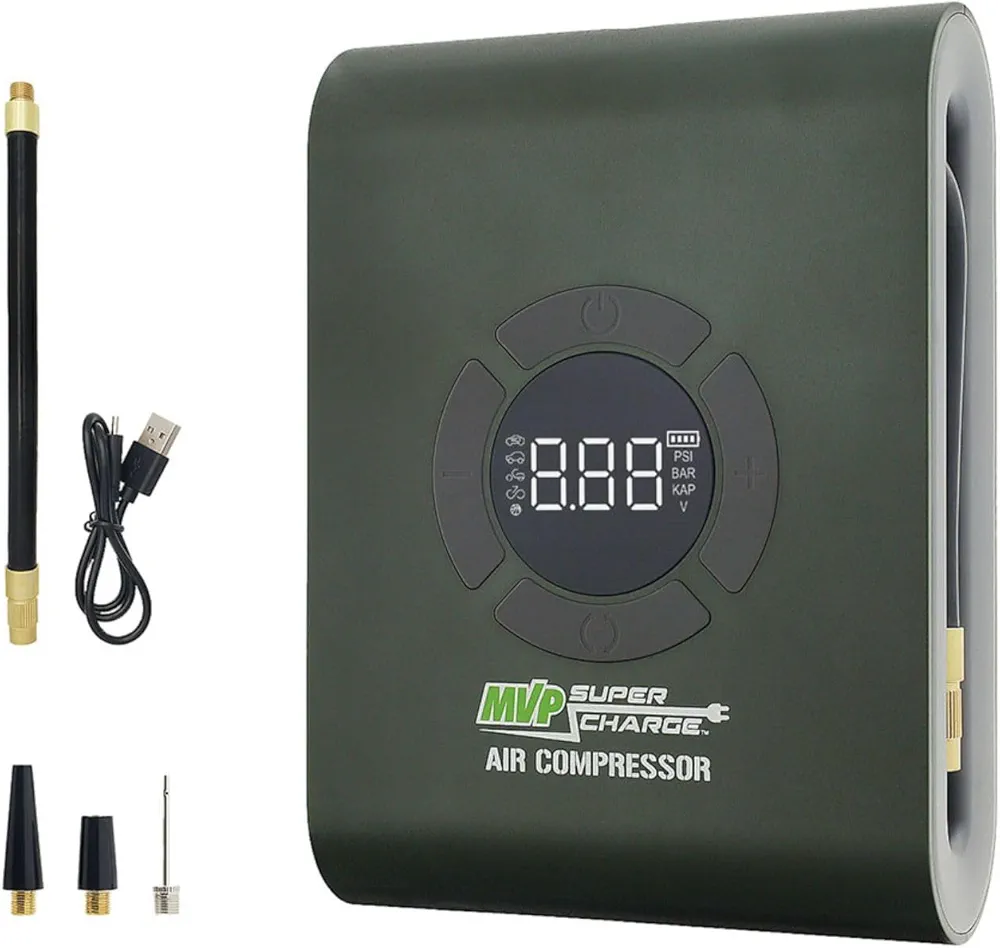 MVPSupercharge Tire Inflator Air Compressor - Rechargeable Li-ion 10000 mAh Battery Air Pump with Adapters for Cars Bikes Balls and USB Charger for Smartphones and more
