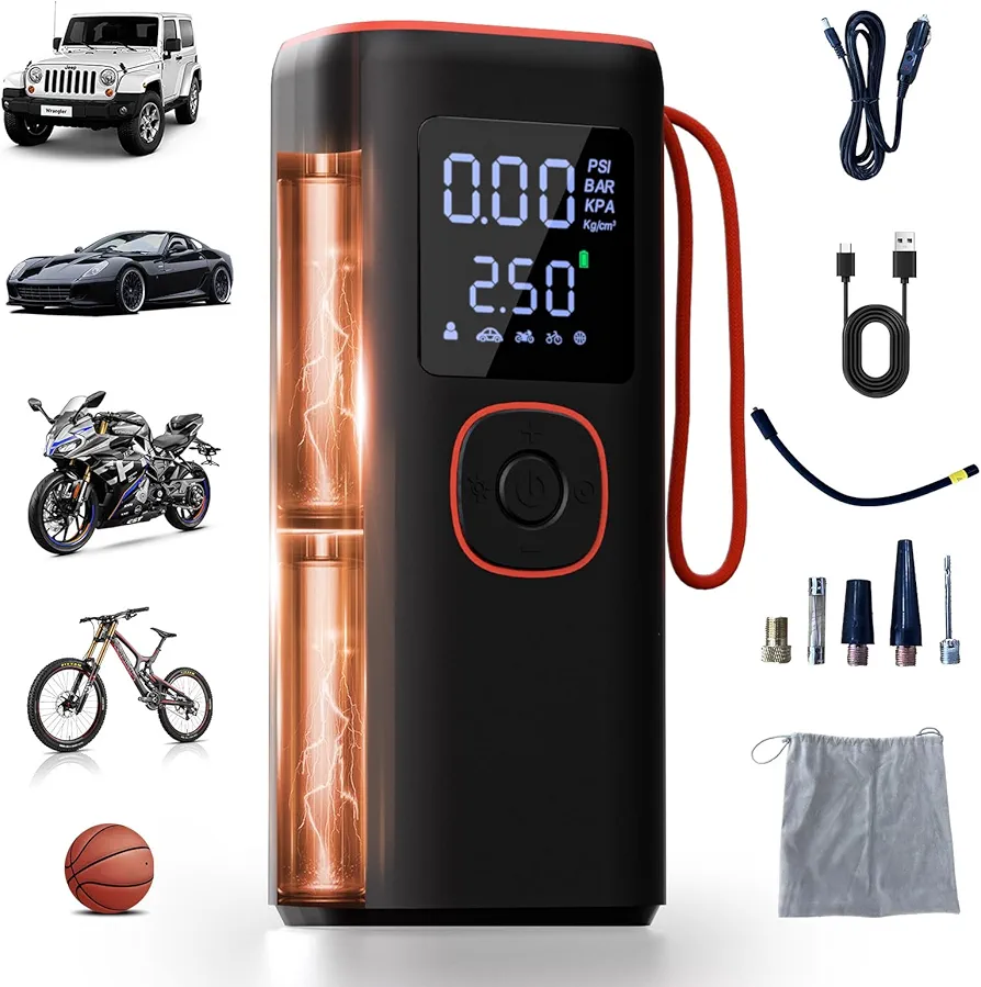 Tire Inflator Portable Air Compressor,150PSI&130W high Power Air Pump with Digital Pressure Gauge,3X Faster Wireless Air Compressor With LED Light for Cars, Motorcycles, bike,Balls