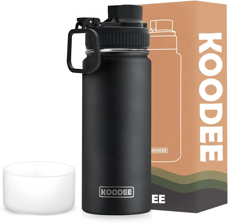 Koodee Water Bottle for Boy 16 oz Stainless Steel Vacuum Insulated Wide Mouth Sports Water Bottle with Straw Lid-Reusable Metal Water Flask BPA Free (Black)