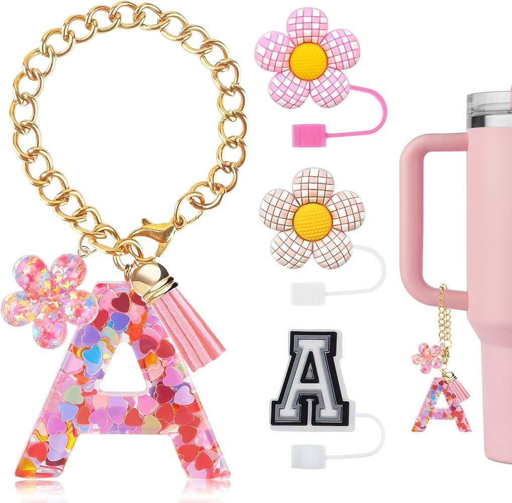 [4PCS] Straw Covers for Stanley Cup, Reusable 10mm Protector Plugs, Soft Silicone Straw Toppers, Suitable for 30&40 Oz Tumbler, Stanley Cup Accessories with Cute Letter Charm, Leak Proof, Pink A