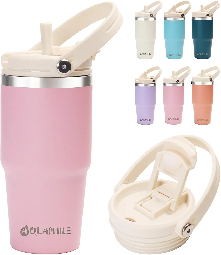 20oz Tumbler with Handle, Insulated Coffee Tumbler with Leak-proof 2-in-1 Lid and Straw, Double Wall Vacuum Insulated Coffee Mug, Portable Stainless Steel Water Bottle for Hot or Cold Drinks(Pink)
