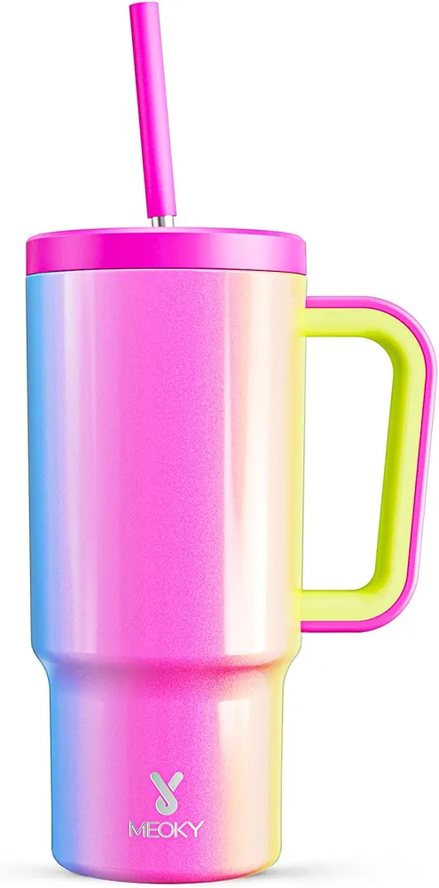Meoky 24 oz Tumbler with Handle and Straw, 100% Leak-proof Tumbler with Lid and Straw, Insulated Stainless Steel Travel Coffee Mug, Keeps Cold for 24 Hours (Carnival)