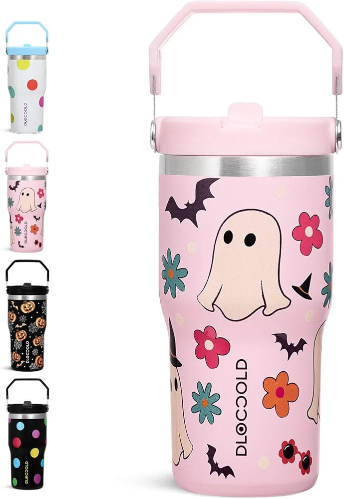 DLOCCOLD 20 oz Stainless Steel Tumbler with Flip Straw & Handle, Insulated Double Walled kids Water Bottle, Leak Proof, Reusable Cup 2-in-1 Straw & Sip Lid, Cupholder Friendly