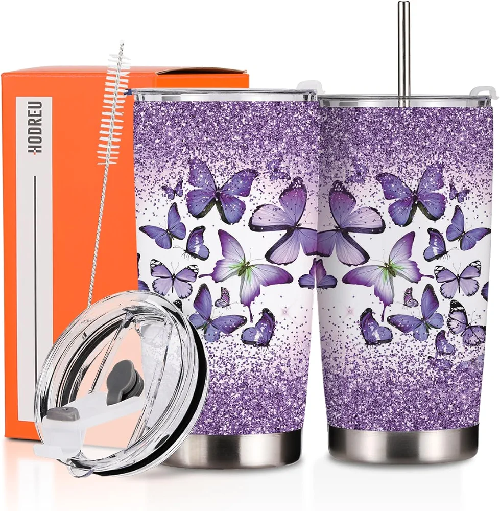 Purple Butterfly Gifts for Women Butterfly Stuff 20 Oz Tumbler Butterfly Cup Inspirational Gifts Insulated Travel Mug for Women Coworker Teacher Butterfly Lover Stainless Steel Thermal Cup Birthday