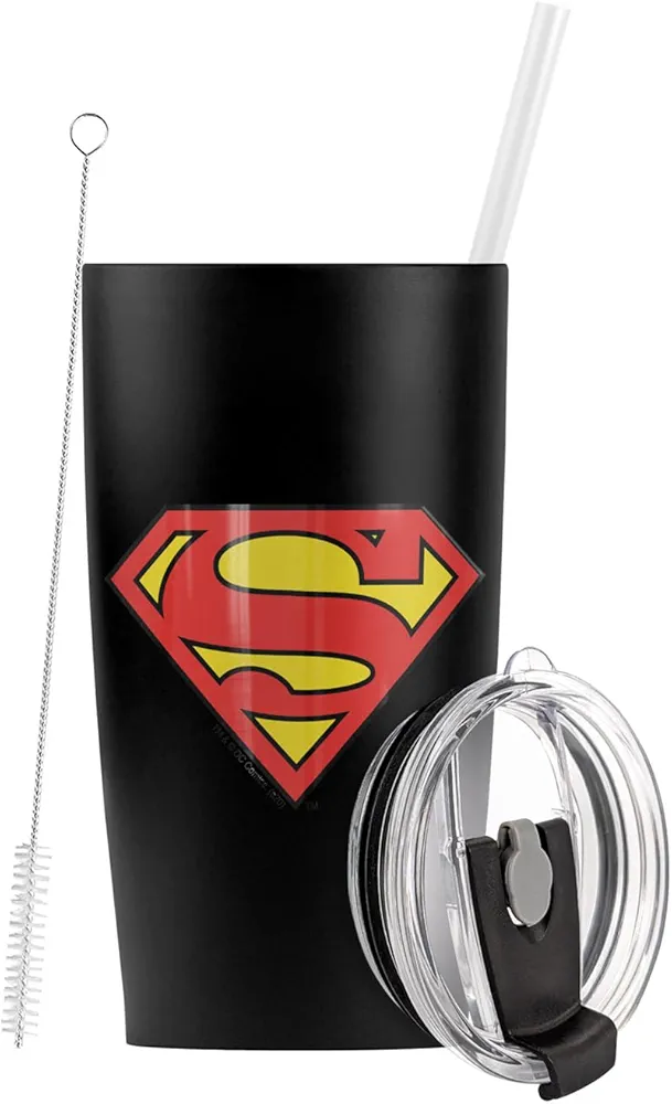 LOGOVISION Superman Classic Logo Shield Stainless Steel Tumbler with Straw and Flip Lid 20 oz, Vacuum Insulated & Double Wall with Leakproof Dual Lid | Great for Iced Coffee and Hot Beverage