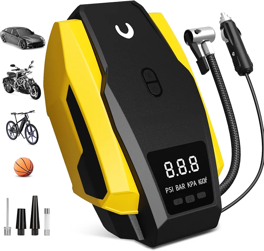 Tire Inflator Portable Air Compressor, Tire Air Pump for Car Tires, 12V DC 150PSI Auto Bike Pump with Digital Pressure Gauge&LED Light, Yellow, Large