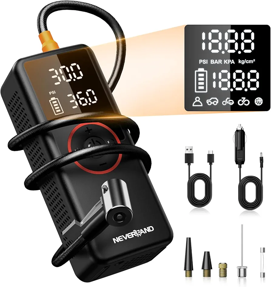 NEVERLAND 25000mAh Tire Inflator Portable Air Compressor, Air Pump 150PSI for Car Motorcycle Bicycle Phone Charging