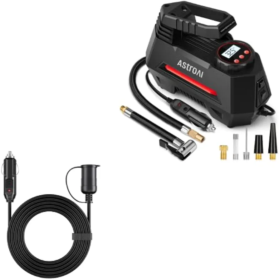 AstroAI Air Compressor Tire Inflator Red and Cigarette Lighter Extension Cord 12FT Bundle