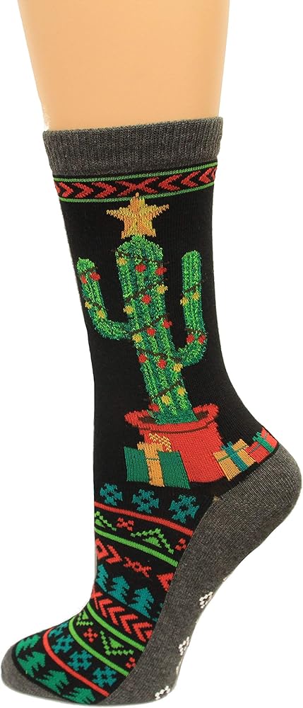 Hot Sox Womens Christmas Cactus Non Skid Socks, Black, 1 Pair, Womens Shoe 4-10