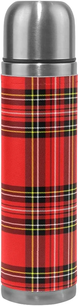 Christmas New Year Tartan Plaid Vacuum Thermos Insulated Water Bottle Stainless Steel Double Wall Flask Bottles Sports Coffee Travel Mug Cup Genuine Leather Cover BPA Free 17 Oz