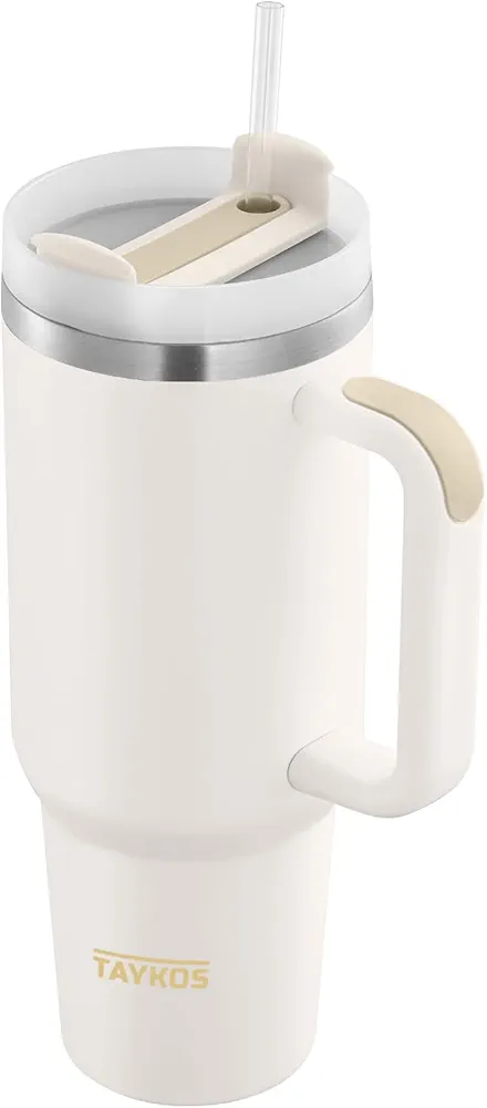40oz Tumbler with Handle and Straw, Leak Proof Tumblers Cup, Stainless Steel Insulated Travel Coffee Mug, Keeps Drinks Cold for 24 Hours or Hot, Car Cup Holder, Cream White