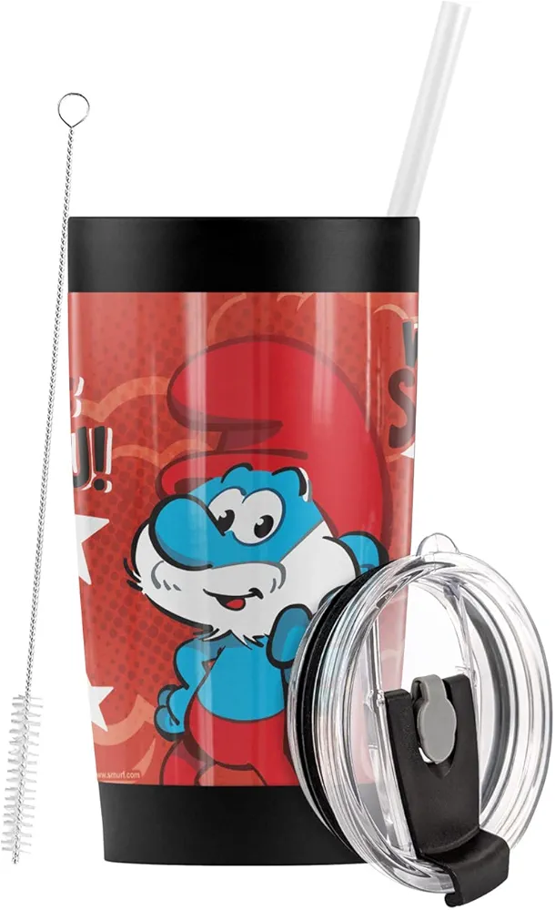 Logovision The Smurfs Papa Smurf We Smurf You! Stainless Steel Tumbler with Straw and Flip Lid 20 oz Travel Mug/Cup, Vacuum Insulated & Double Wall with Leakproof Dual Lid