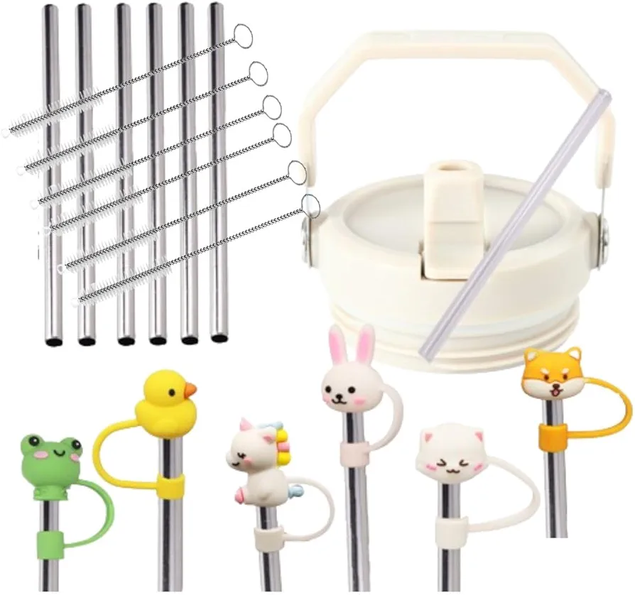 INTAHA Replacement Flip Tumbler Lid for Stanley 30oz and 20oz IceFlow Rose Quartz, replacement Lid with 6 Stainless Steel Straws, 6 Cute Straw Stoppers, and 6 Straw Brushes, INTAHARQL01