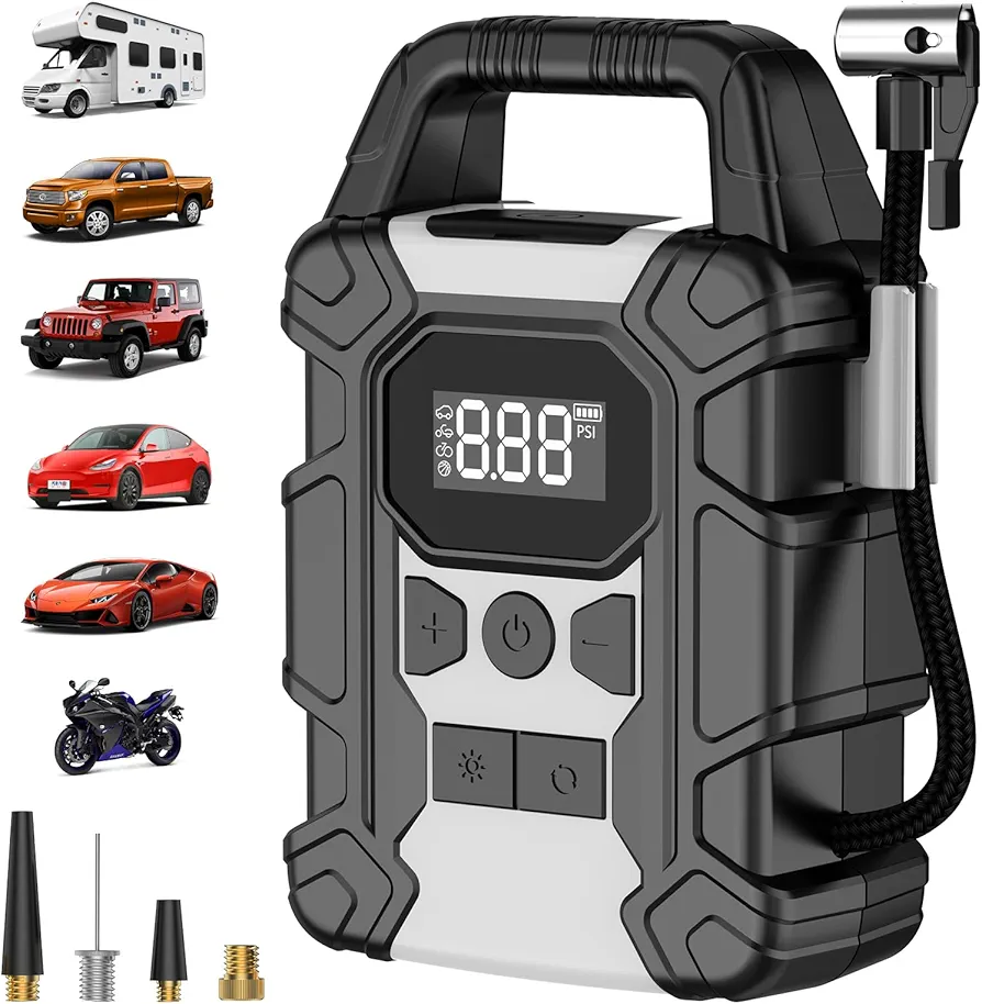 Tire Inflator Portable Air Compressor, 150 PSI Cordless Air Pump for Car Tires, Electric Auto-Off Air Pump with Digital Pressure Gauge for Car, Motorcycle, Bike, Ball