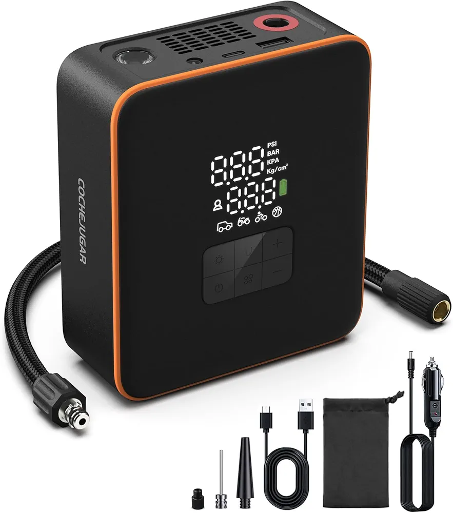 Portable Tire Inflator Air Compressor, 5X Faster Inflation with 7800mAh 12V DC Dual Power Electric, Digital Pressure Gauge Cordless Air Pump for Car, SUV, Bicycles, and More(150 PSI)