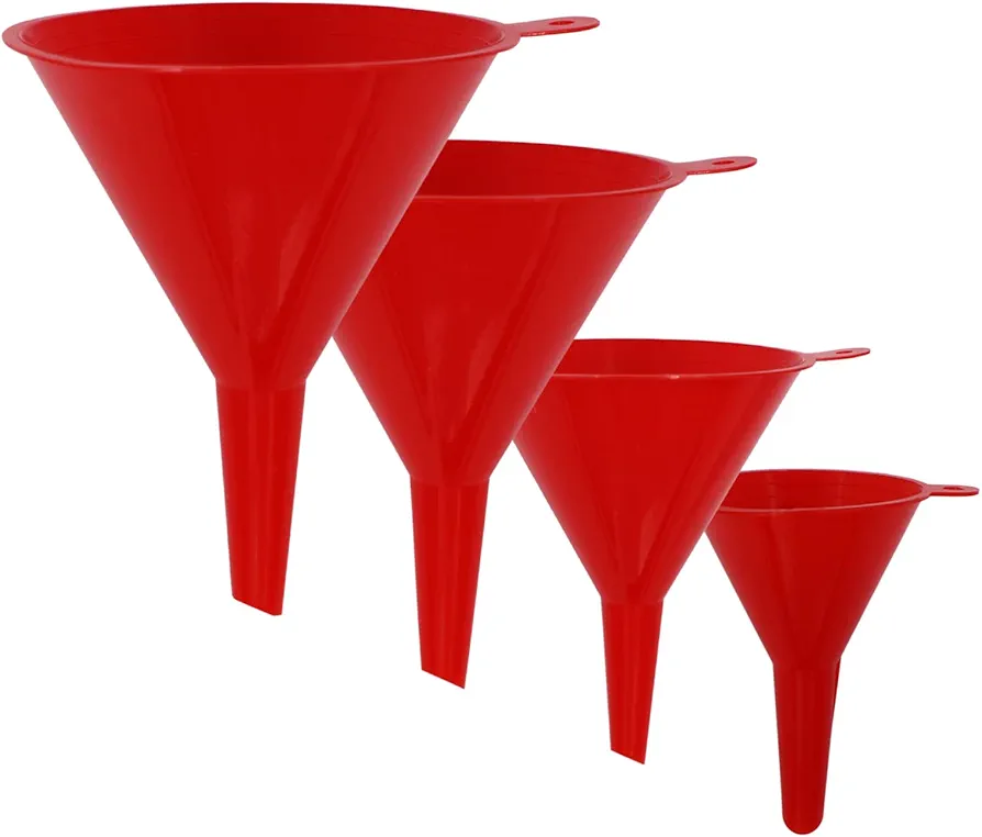 KongNai 4 Pieces Plastic Funnel Set for Kitchen and Automotive Use, Mini, Small, Medium and Large Funnel for Filling Bottles, Canning, Cooking, Lab or Car Oil Funnels (Red)