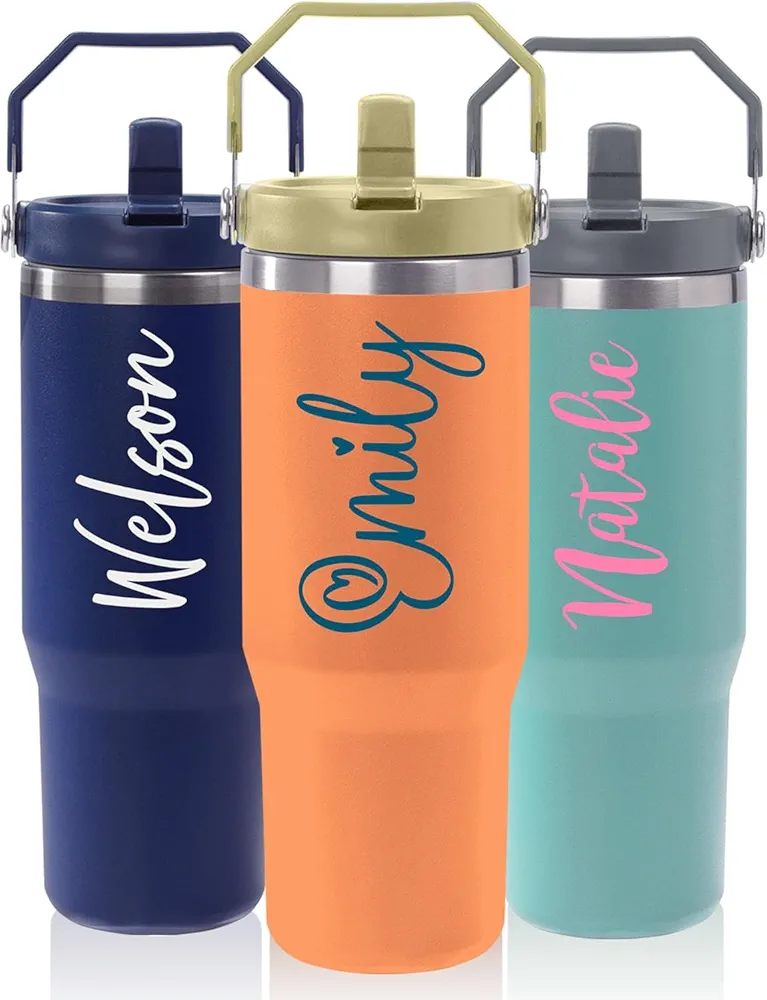 CusCosCes Personalized Tumbler with Handle and Folded Straw, 30oz Hydro Flask Water Bottles Insulated Tumblers, Reusable Travel Mug for Coffee Tea, Leak proof, Stainless Steel