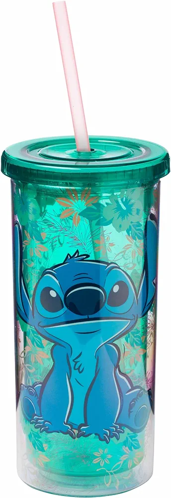 Silver Buffalo Disney Lilo and Stitch Tropical Pattern Plastic Tall Cold Cup with Lid and Straw, 20 Ounces