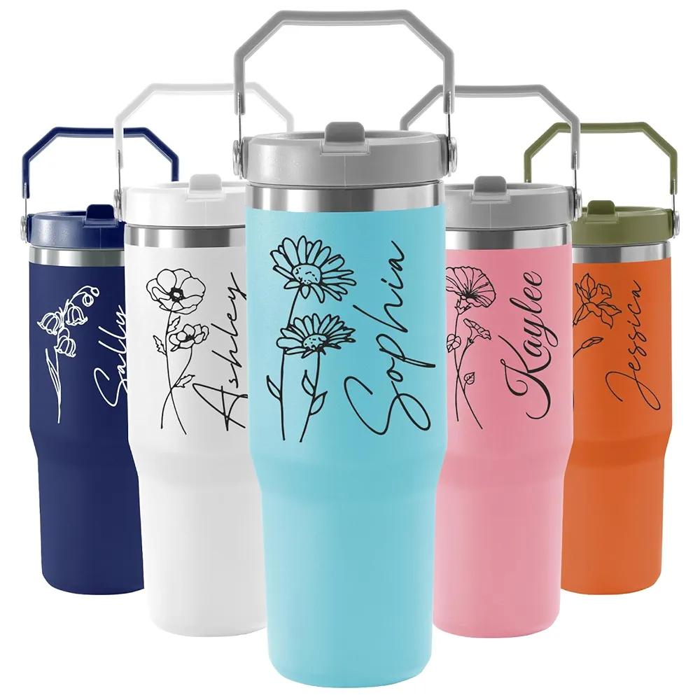 Custom 30 oz Tumbler with Handle and Flip Straw, Personalized Tumbler with Name and Pictures, Stainless Steel Insulated Water Bottle for Home, Outdoors, Leak Proof, Gifts for Men Women