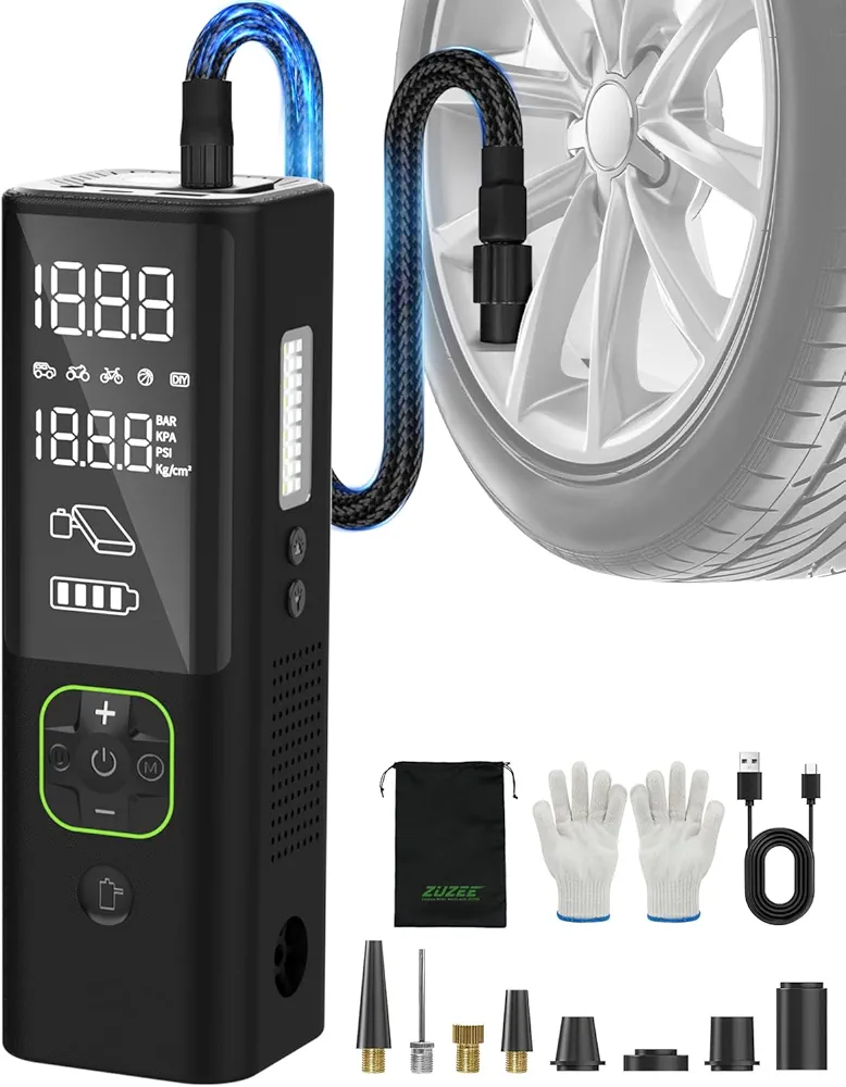Tire Inflator Portable Air Compressor, ZUZEE 3X Faster Portable Tire Inflator, 150PSI Portable Air Compressor With HD Display, Air Pump for Tires of Car, Moto, Bike, also for Balls, Mattresses, etc