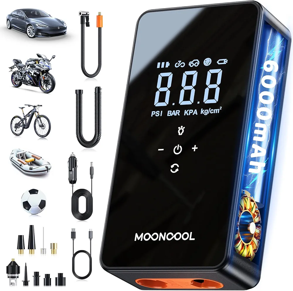 MOONCOOL Tire Inflator Electric Portable Air Pump, 150 PSI Electric Auto Pump Compressor, Faster Air Inflator for Bike, Car, Motorcycle, Ball, Paddle Board, Kayak, Inflatable Boat