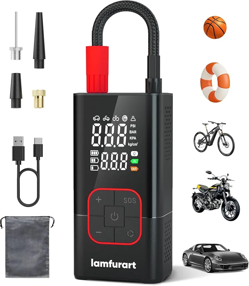 Portable Tire Inflator for Car, Bike, Motorcycle, Balls, Black