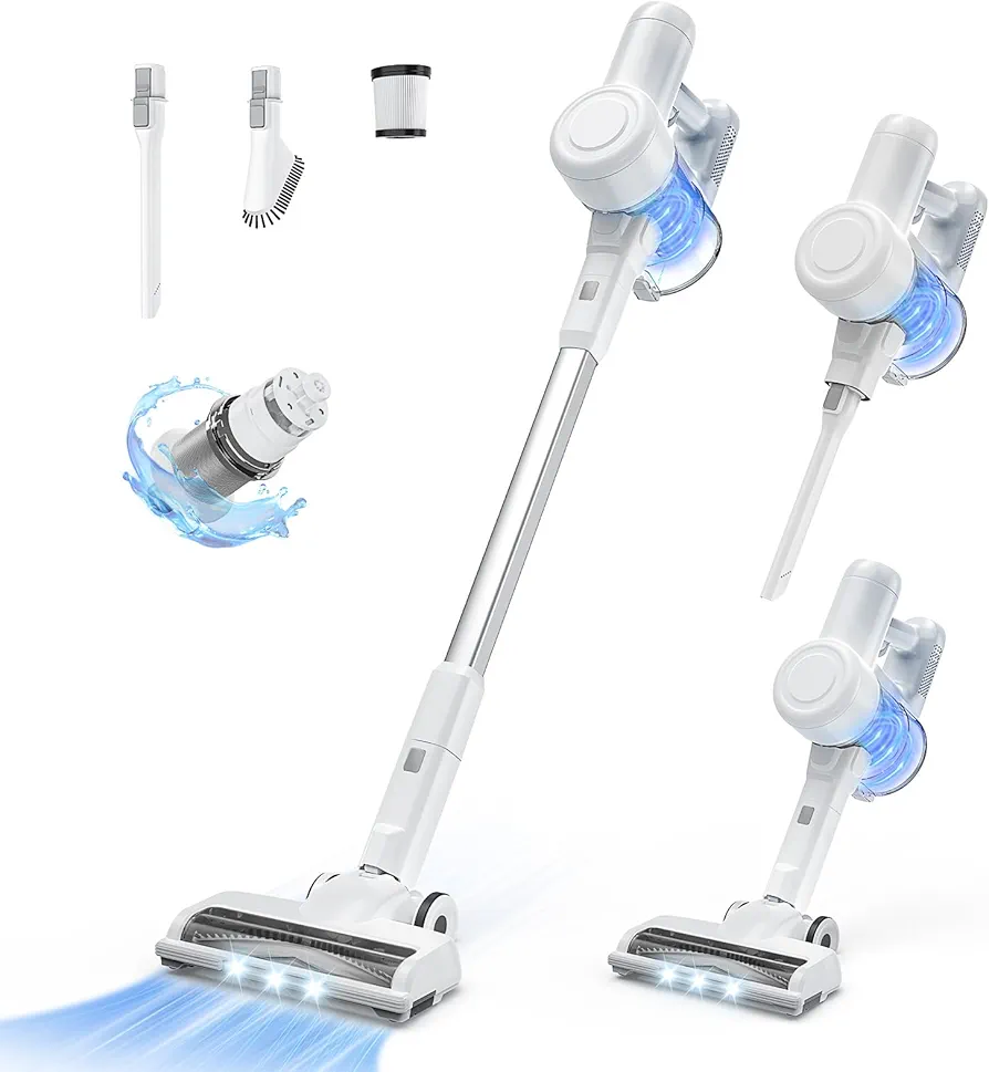 Sweetcrispy Stick Cordless Vacuum Cleaner Electric Rechargeable Vac Handheld with LED, Up to 45 Minutes, Powerful Suction, Versatile for Carpet, Hard Floor, Pet Hair, White&Grey