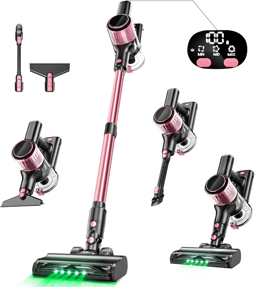 Cordless Vacuum Cleaner, 350W/30Kpa 8-in-1 Stick Vacuum with Anti-Tangle Brush, Upgraded Green LED Light, 40min Runtime, Lightweight Rechargeable Vacuum for Home, Hardwood Floors, Carpets, Pet Hair