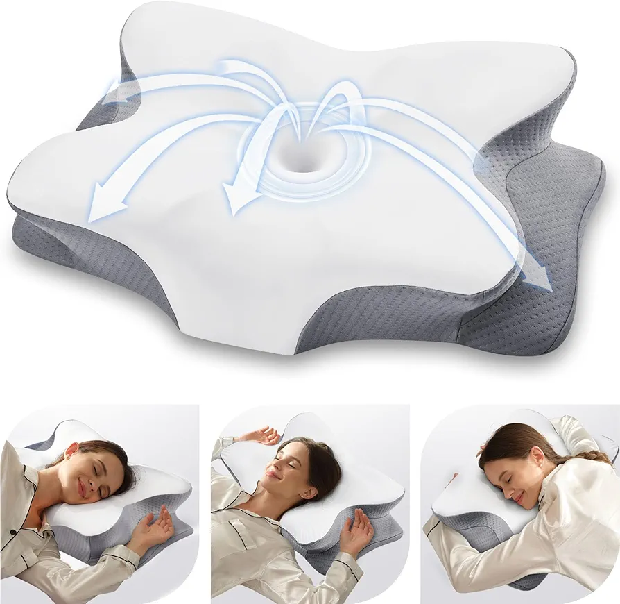 Cervical Neck Pillow for Neck and Shoulder Pain Relief，Ergonomic Memory Foam Pillow for Side Back Stomach Sleepers,Grey