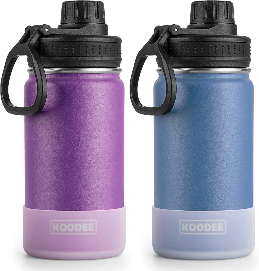 koodee Small Water Bottle 2 Pack-12 oz Stainless Steel Vacuum Insulated Sports Water Bottle with Leakproof Spout Lid (Purple- Royal Blue)