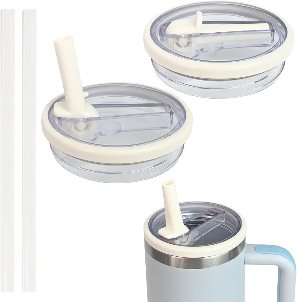 2 Pack 40 oz Tumbler Flip Straw Lid Replacement Compatible with Stanley Quencher, Leak-Proof Splash Resistant Tumbler Top Replacement Reusable Tumbler Cover(Beige)