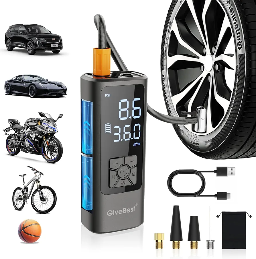 Givebest Tire Inflator Portable Air Compressor, 10000mAh & 150PSI Air Pump for Car Tires, Portable Tire Inflator with LED, One Click Smart Pump Tire Inflator for Car, Bike, Motorcycle, Ball