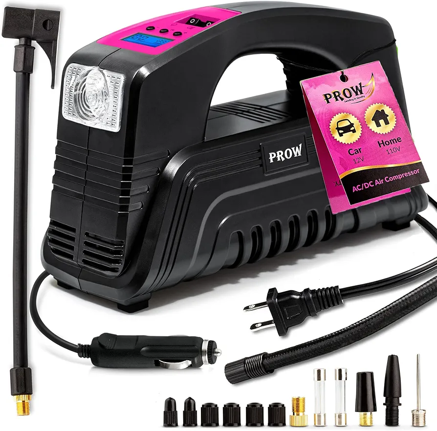 PROW Electric Air Compressor Tire Inflator AC/DC Portable for Car 12V, 110V, Upscale, with Digital Pressure Gauge, Air Pump for Car Tires, Motorcycle, Bike, Basketball PRO MODEL (pink, compact)