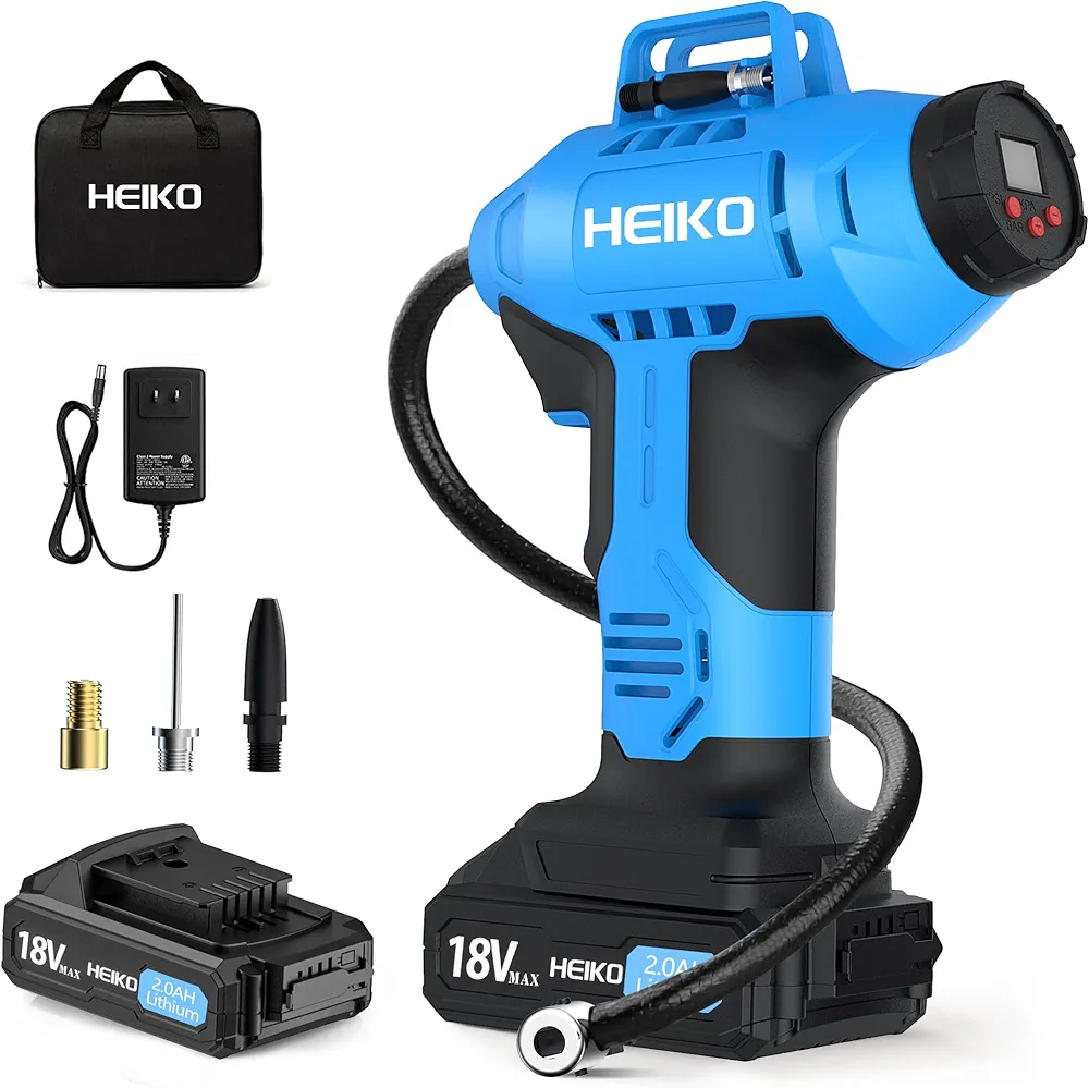 Heiko 20V Cordless Tire Inflator, 160PSI Portable Air Compressor with 2000mAh Battery & 12V Car Power Adapter, Digital Pressure Gauge for Car, Motorcycle, Bike and More