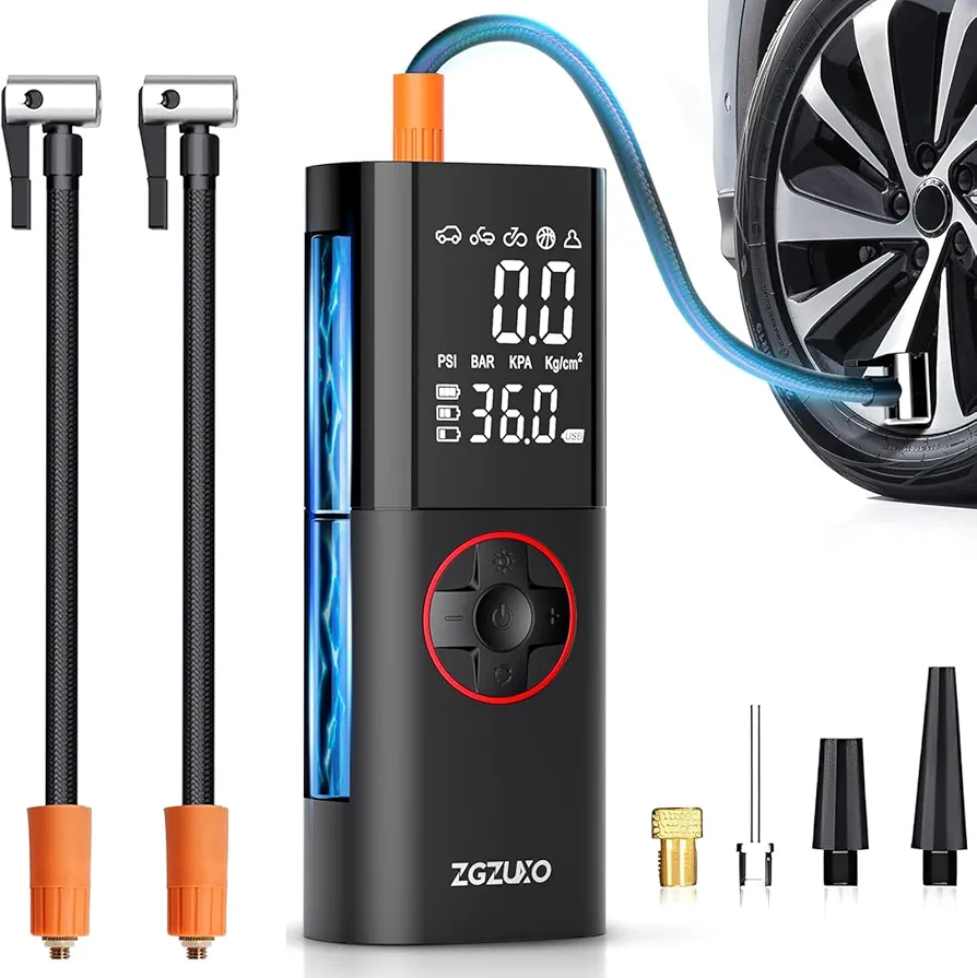 CZK3691R Tire Inflator Portable Air Compressor, Rechargeable Air Pump for Car Tires, 150PSI Portable Tire Inflator for Car, 2 Hoses