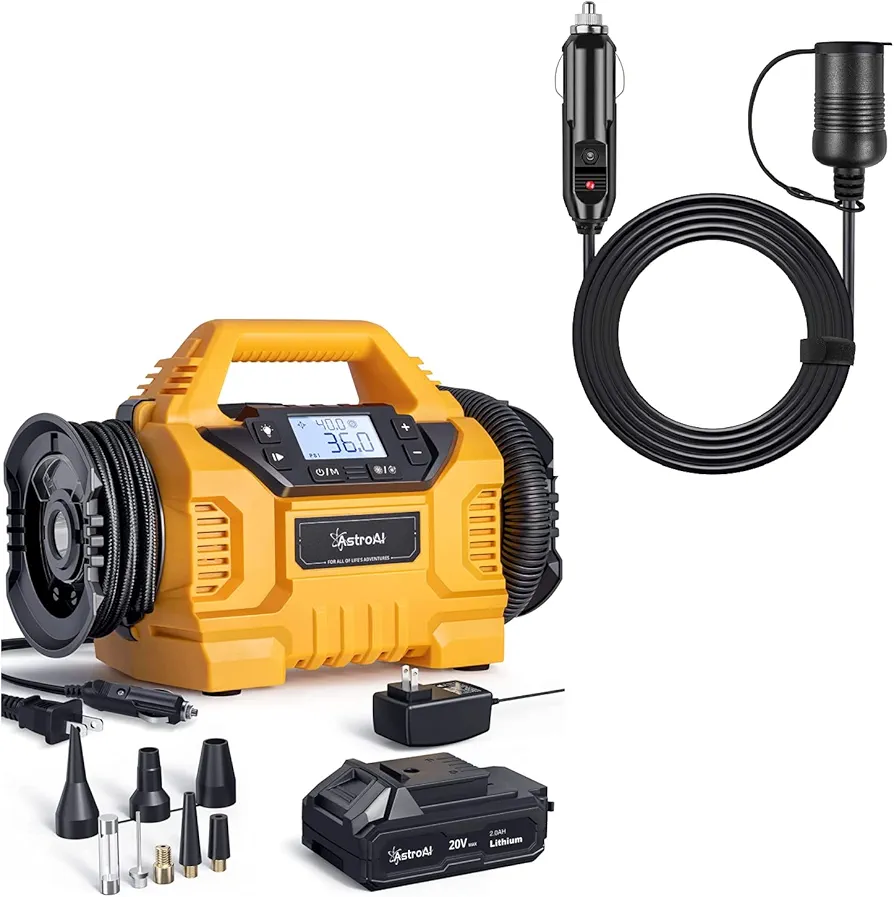 AstroAI Tire Inflator Portable Air Compressor and AstroAI 12Ft/12V Cigarette Lighter Extension Cord
