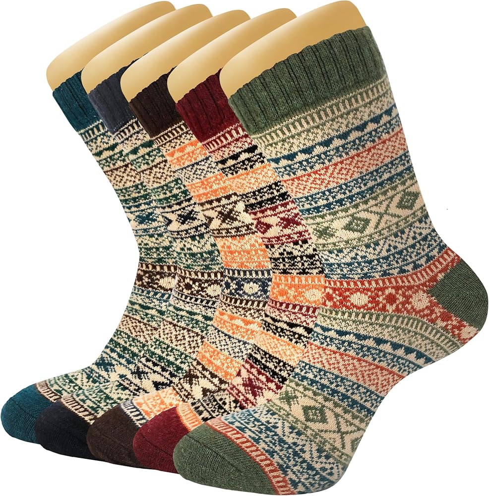 Womens Wool Socks 5 Pairs Winter Warm Socks Thick Knit Wool Soft Vintage Casual Crew Socks Gifts for Women Men