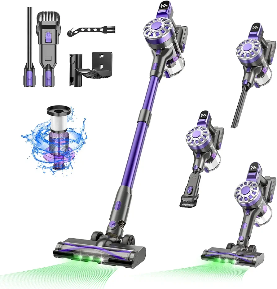Cordless Vacuum Cleaner, Cordless Stick Vacuum Cleaner 38000PA Powerful Suction, Recahrge Battery, 6 in 1 Lightweight and Quiet Stick Cordless Vacuum for Pet Hair/Carpet/Hardwood Floor, Purple
